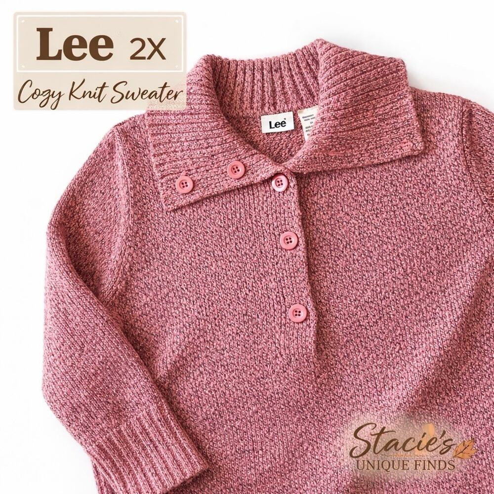 Lee Women’s 2X Chunky Knit Sweater Pink Button Collar Cozy Pullover